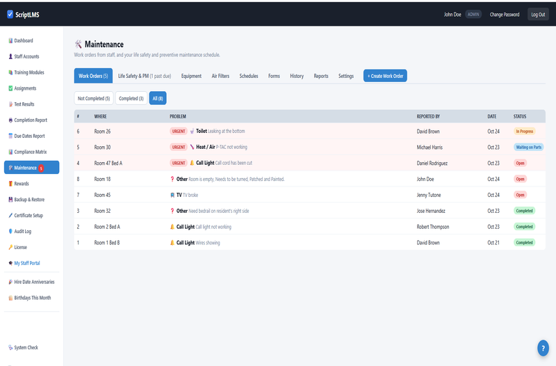 ScriptLMS Maintenance Work Orders tab with the All filter selected, listing all eight work orders - urgent ones still being worked on at the top, then the rest, including three completed